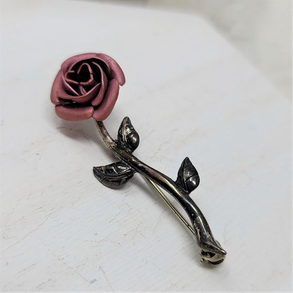 Delicate Sterling Silver Red Rose Pin Brooch Marked 925 Vintage - Picture 6 of 7